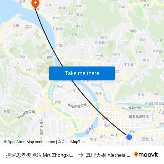 捷運忠孝復興站 Mrt Zhongxiao Fuxing Sta. to 真理大學 Aletheia University map