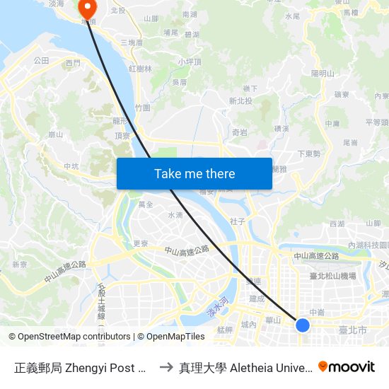 正義郵局 Zhengyi Post Office to 真理大學 Aletheia University map