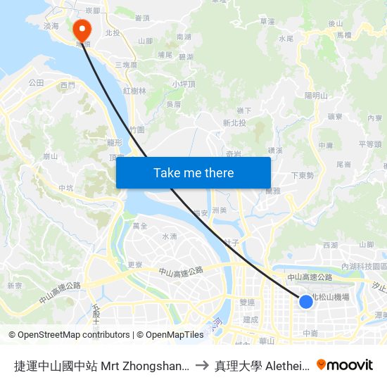 捷運中山國中站 Mrt Zhongshan Junior High School to 真理大學 Aletheia University map