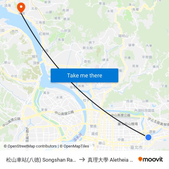 松山車站(八德) Songshan Rail Sta.(Bade) to 真理大學 Aletheia University map