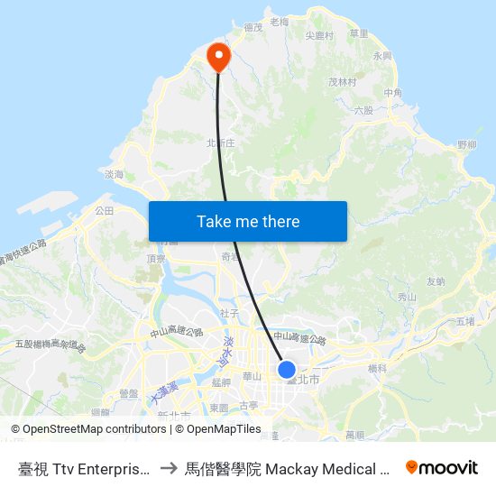 臺視 Ttv Enterprise Co. to 馬偕醫學院 Mackay Medical College map