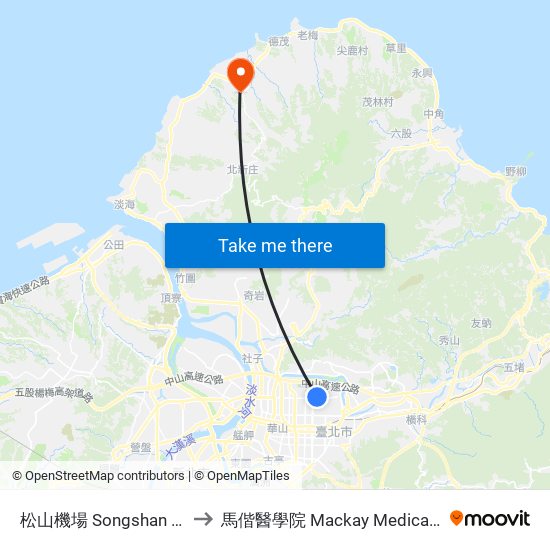 松山機場 Songshan Airport to 馬偕醫學院 Mackay Medical College map