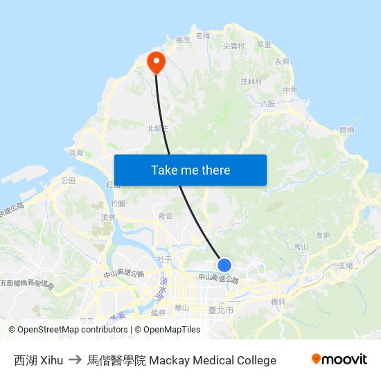 西湖 Xihu to 馬偕醫學院 Mackay Medical College map