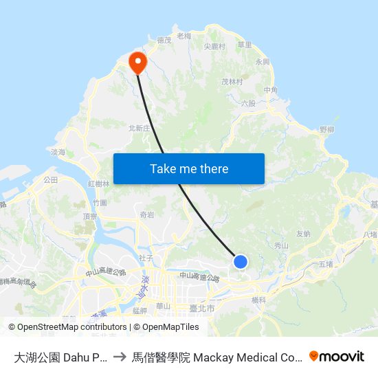 大湖公園 Dahu Park to 馬偕醫學院 Mackay Medical College map