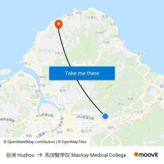 葫洲 Huzhou to 馬偕醫學院 Mackay Medical College map