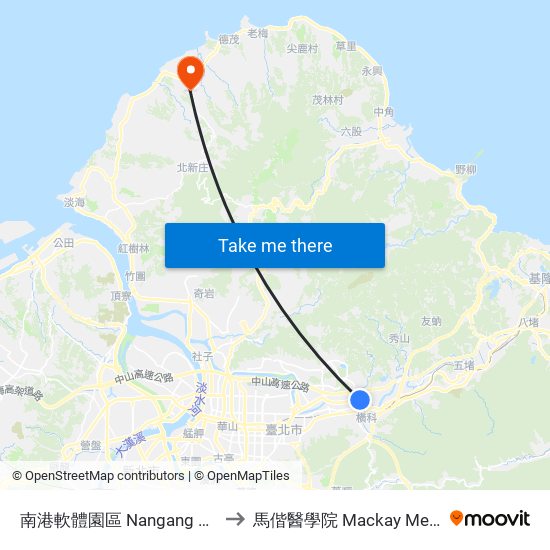 南港軟體園區 Nangang Software Park to 馬偕醫學院 Mackay Medical College map