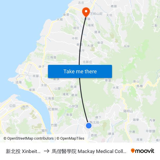 新北投 Xinbeitou to 馬偕醫學院 Mackay Medical College map