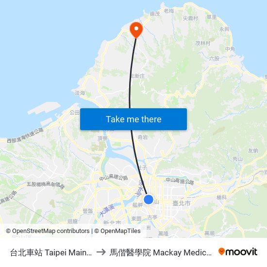 台北車站 Taipei Main Station to 馬偕醫學院 Mackay Medical College map