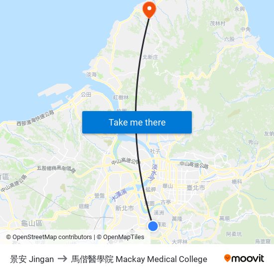 景安 Jingan to 馬偕醫學院 Mackay Medical College map