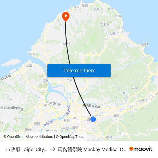 市政府 Taipei City Hall to 馬偕醫學院 Mackay Medical College map