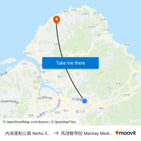 內湖運動公園 Neihu Sports Park to 馬偕醫學院 Mackay Medical College map