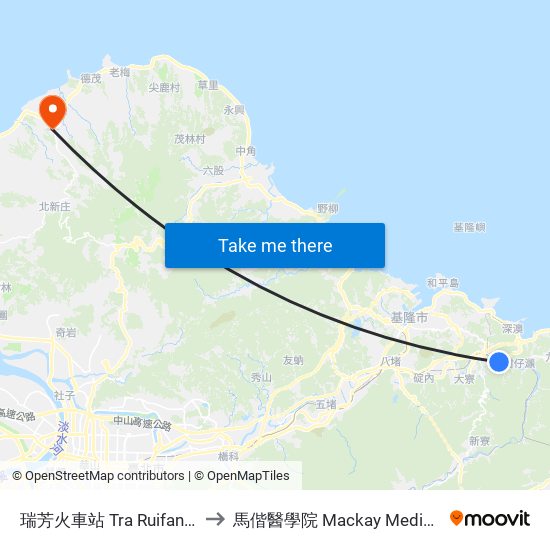 瑞芳火車站 Tra Ruifang Station to 馬偕醫學院 Mackay Medical College map