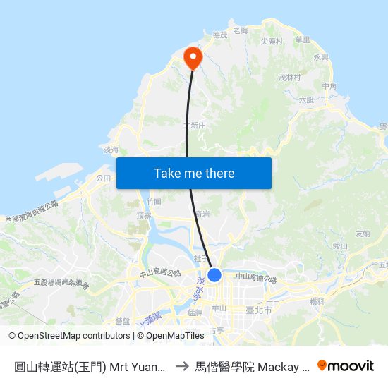 圓山轉運站(玉門) Mrt Yuanshan Station (Yumen) to 馬偕醫學院 Mackay Medical College map