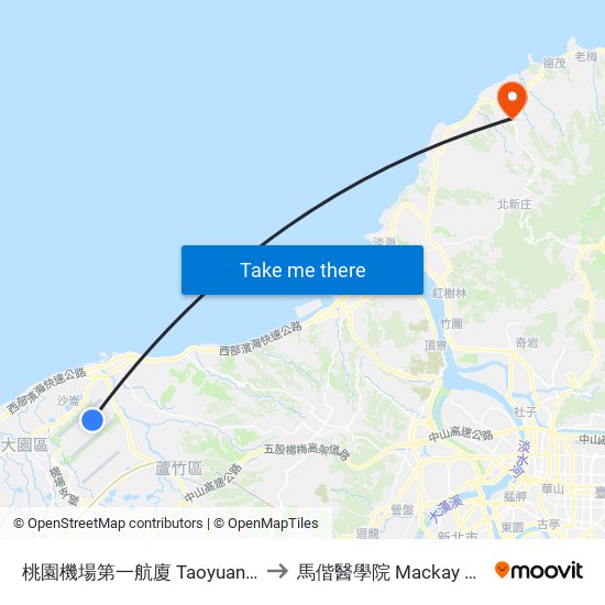 桃園機場第一航廈 Taoyuan Airport  Terminal 1 to 馬偕醫學院 Mackay Medical College map