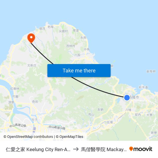 仁愛之家 Keelung City Ren-Ai Senior Citizens’ Home to 馬偕醫學院 Mackay Medical College map