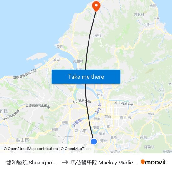 雙和醫院 Shuangho Hospital to 馬偕醫學院 Mackay Medical College map