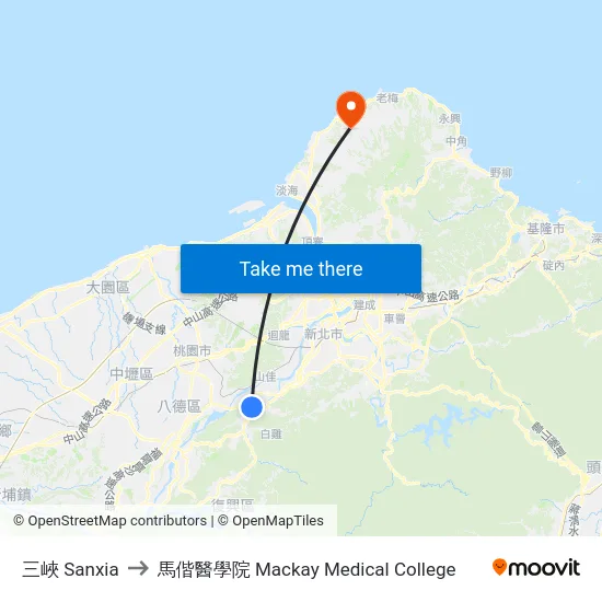 三峽 Sanxia to 馬偕醫學院 Mackay Medical College map