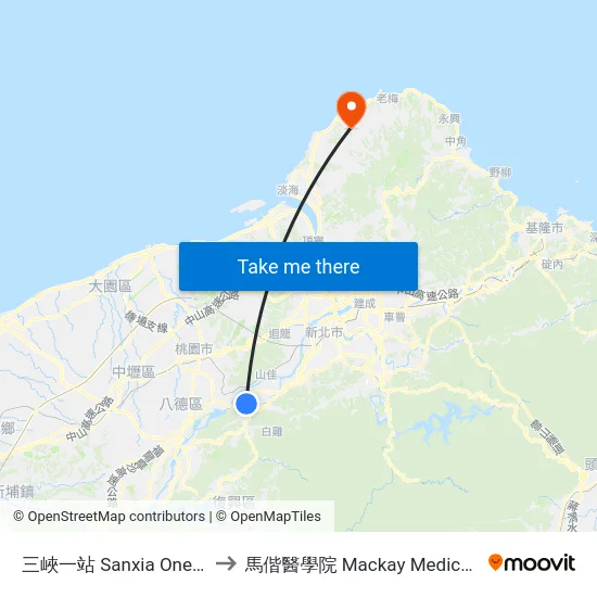 三峽一站 Sanxia One Station to 馬偕醫學院 Mackay Medical College map