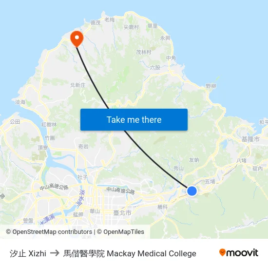 汐止 Xizhi to 馬偕醫學院 Mackay Medical College map