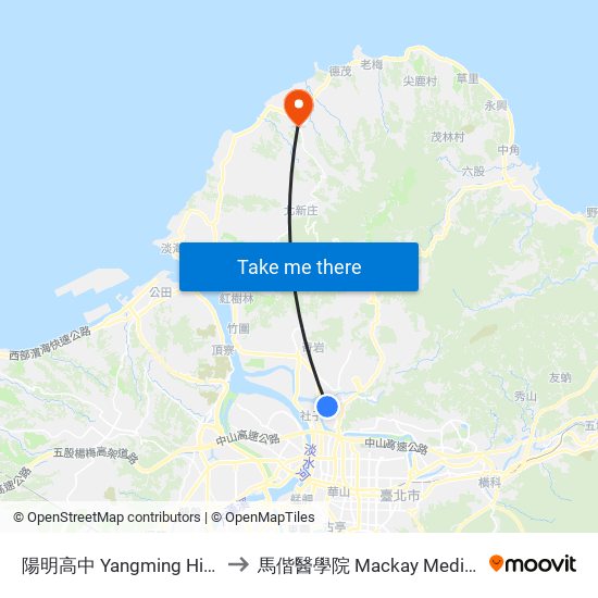 陽明高中 Yangming High School to 馬偕醫學院 Mackay Medical College map