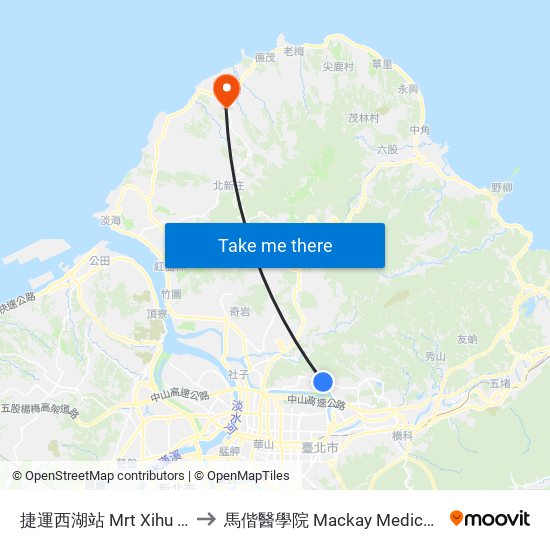 捷運西湖站 Mrt Xihu Station to 馬偕醫學院 Mackay Medical College map