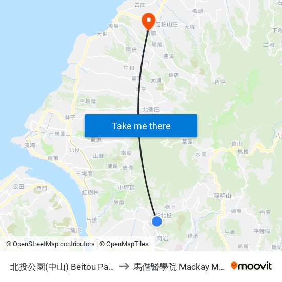 北投公園(中山) Beitou Park (Zhongshan) to 馬偕醫學院 Mackay Medical College map