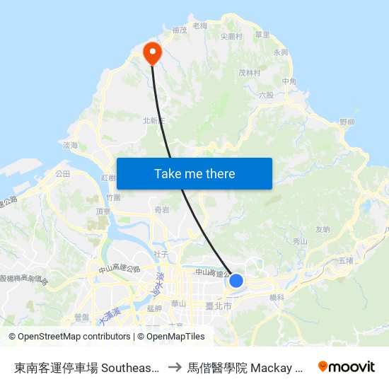 東南客運停車場 Southeast Bus Parking Lot to 馬偕醫學院 Mackay Medical College map