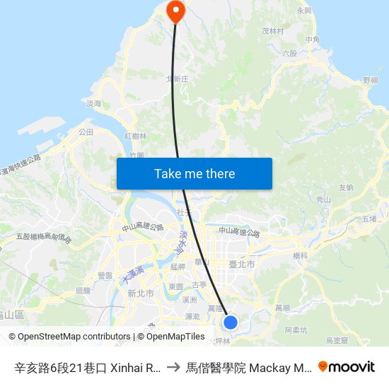 辛亥路6段21巷口 Xinhai Rd., Sec. 6, Ln. 21 to 馬偕醫學院 Mackay Medical College map