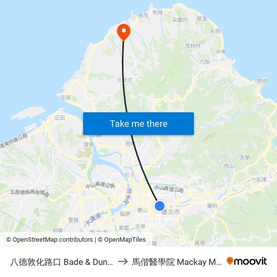 八德敦化路口 Bade & Dunhua Intersection to 馬偕醫學院 Mackay Medical College map