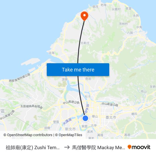 祖師廟(康定) Zushi Temple (Kangding) to 馬偕醫學院 Mackay Medical College map