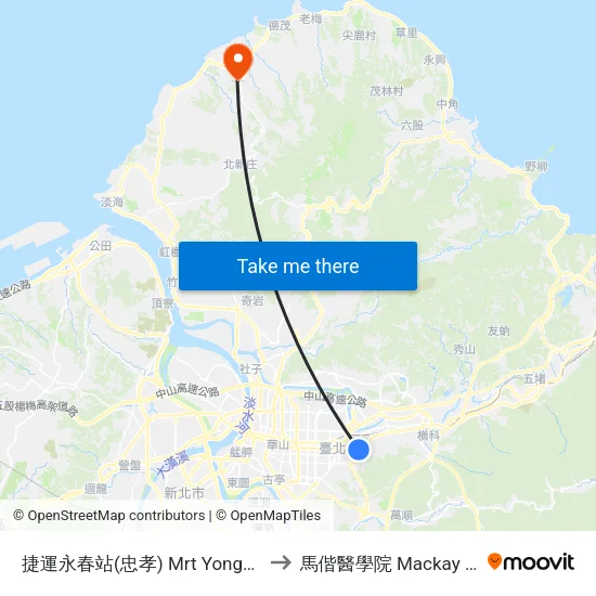 捷運永春站(忠孝) Mrt Yongchun Sta.(Zhongxiao) to 馬偕醫學院 Mackay Medical College map