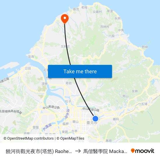 饒河街觀光夜市(塔悠) Raohe St. Night Market (Tayou) to 馬偕醫學院 Mackay Medical College map