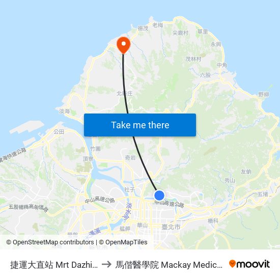 捷運大直站 Mrt Dazhi Station to 馬偕醫學院 Mackay Medical College map