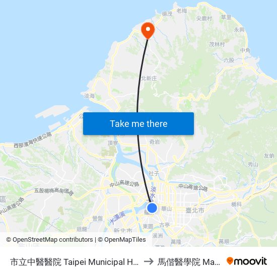 市立中醫醫院 Taipei Municipal Hospital Of Tradodional Chinese Medicine to 馬偕醫學院 Mackay Medical College map