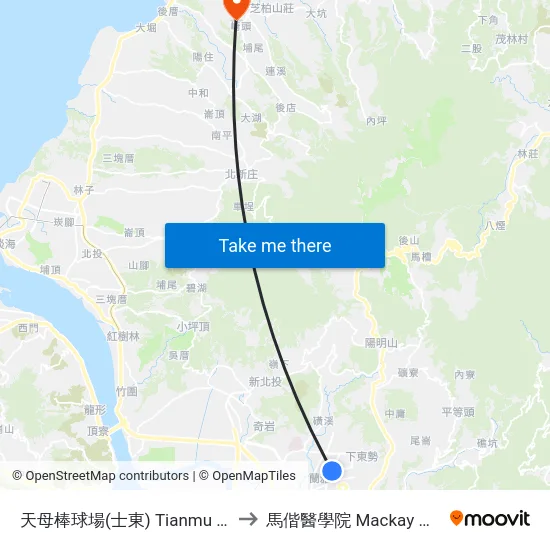 天母棒球場(士東) Tianmu Baseball Stadium to 馬偕醫學院 Mackay Medical College map