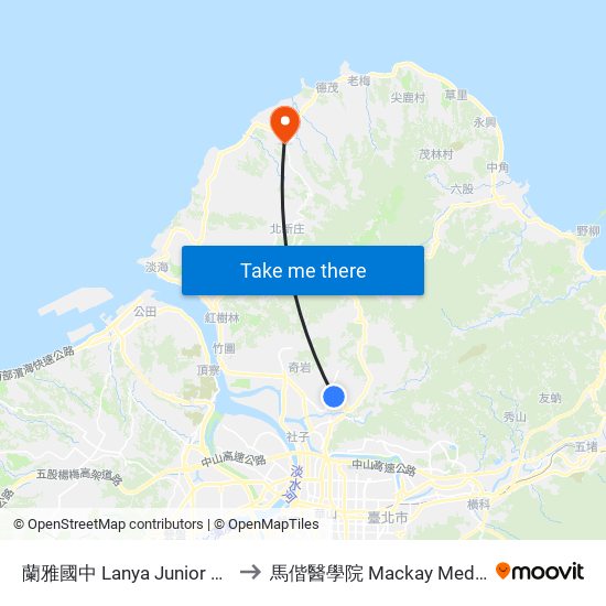 蘭雅國中 Lanya Junior High School to 馬偕醫學院 Mackay Medical College map