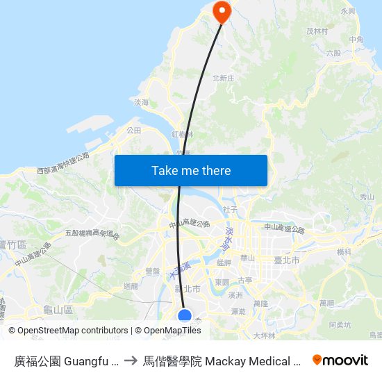 廣福公園 Guangfu Park to 馬偕醫學院 Mackay Medical College map