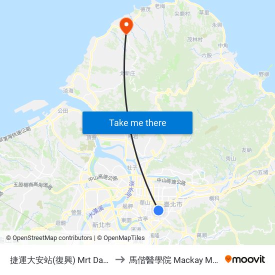 捷運大安站(復興) Mrt Daan Sta. (Fuxing) to 馬偕醫學院 Mackay Medical College map