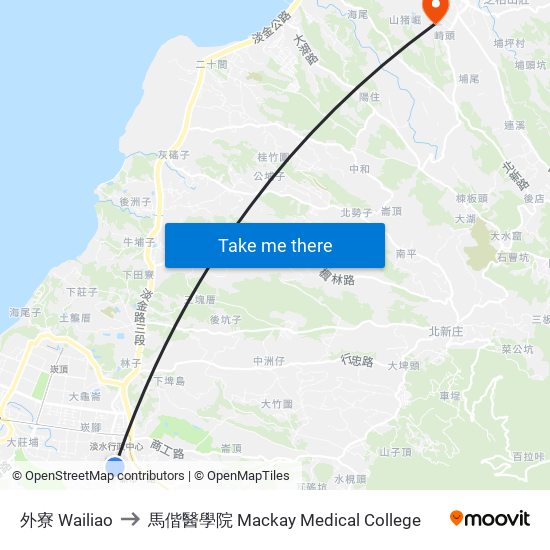 外寮 Wailiao to 馬偕醫學院 Mackay Medical College map