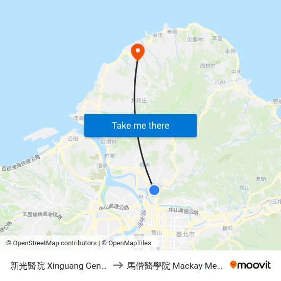 新光醫院 Xinguang General Hospital to 馬偕醫學院 Mackay Medical College map