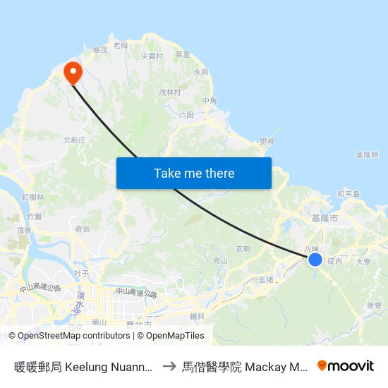 暖暖郵局 Keelung Nuannuan Post Office to 馬偕醫學院 Mackay Medical College map