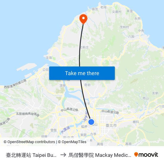 臺北轉運站 Taipei Bus Station to 馬偕醫學院 Mackay Medical College map