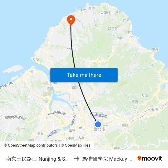 南京三民路口 Nanjing & Sanmin Intersection to 馬偕醫學院 Mackay Medical College map