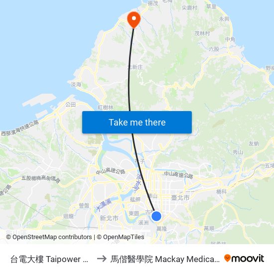 台電大樓 Taipower Building to 馬偕醫學院 Mackay Medical College map