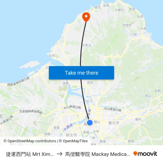 捷運西門站 Mrt Ximen Sta. to 馬偕醫學院 Mackay Medical College map