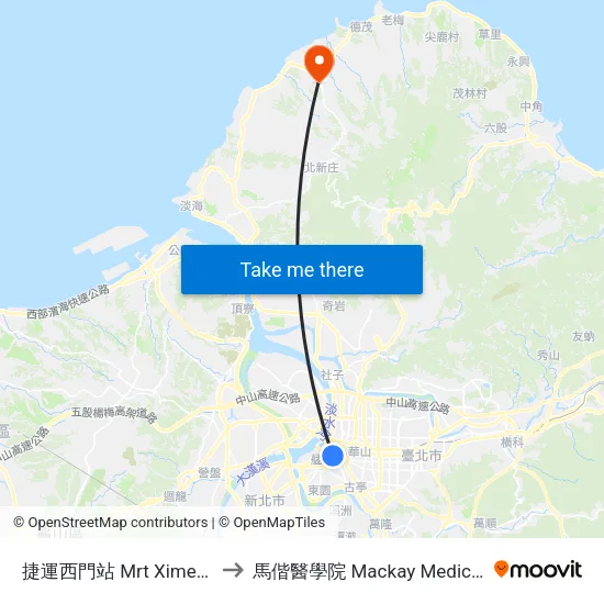 捷運西門站 Mrt Ximen Station to 馬偕醫學院 Mackay Medical College map
