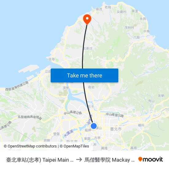臺北車站(忠孝) Taipei Main Sta. (Zhongxiao Rd.) to 馬偕醫學院 Mackay Medical College map