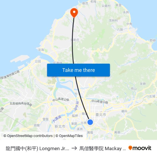 龍門國中(和平) Longmen Jr. High School(Heping) to 馬偕醫學院 Mackay Medical College map