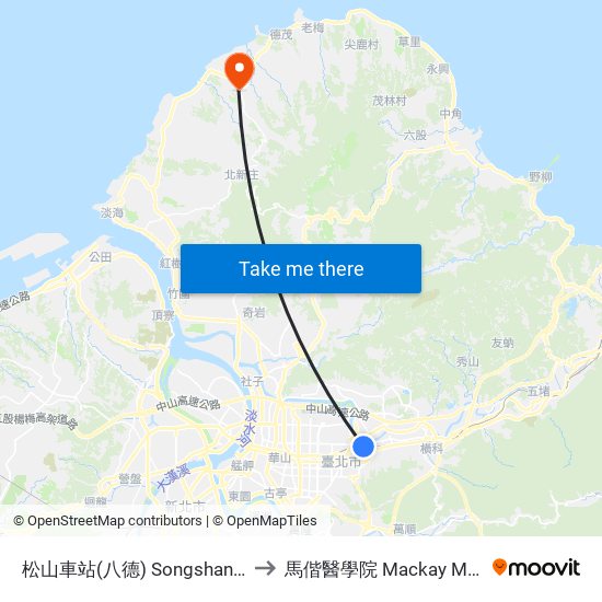 松山車站(八德) Songshan Rail Sta.(Bade) to 馬偕醫學院 Mackay Medical College map