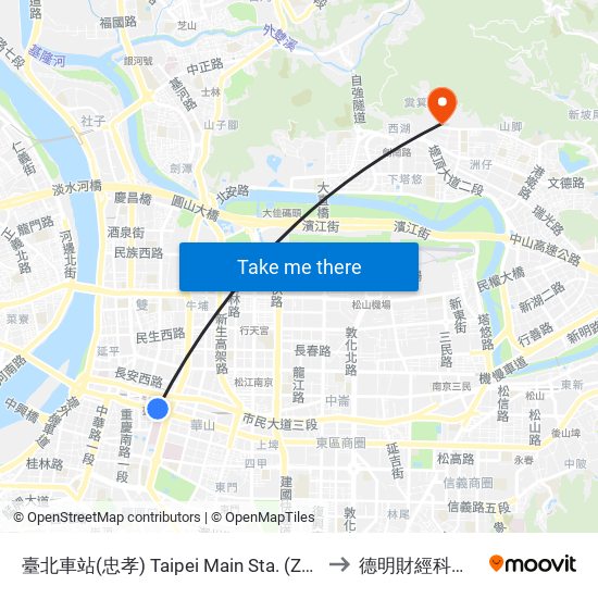 臺北車站(忠孝) Taipei Main Sta. (Zhongxiao) to 德明財經科技大學 map